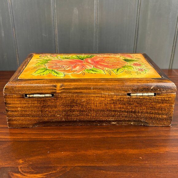 Vintage Wood Jewelry Box Floral Faux Leather Top Trinket Box with Rose Design - Picture 6 of 16